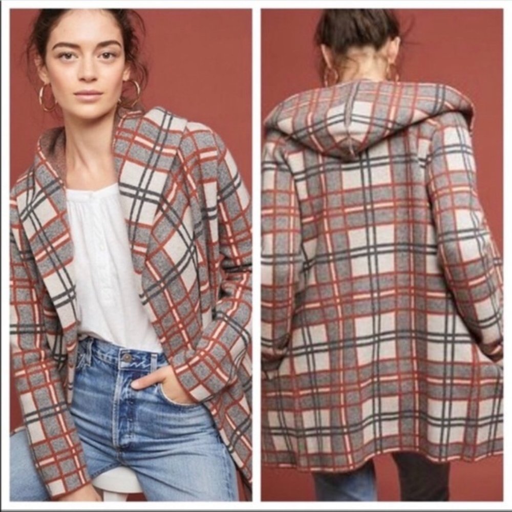 Anthropologie 100% wool plaid hooded sweater coat